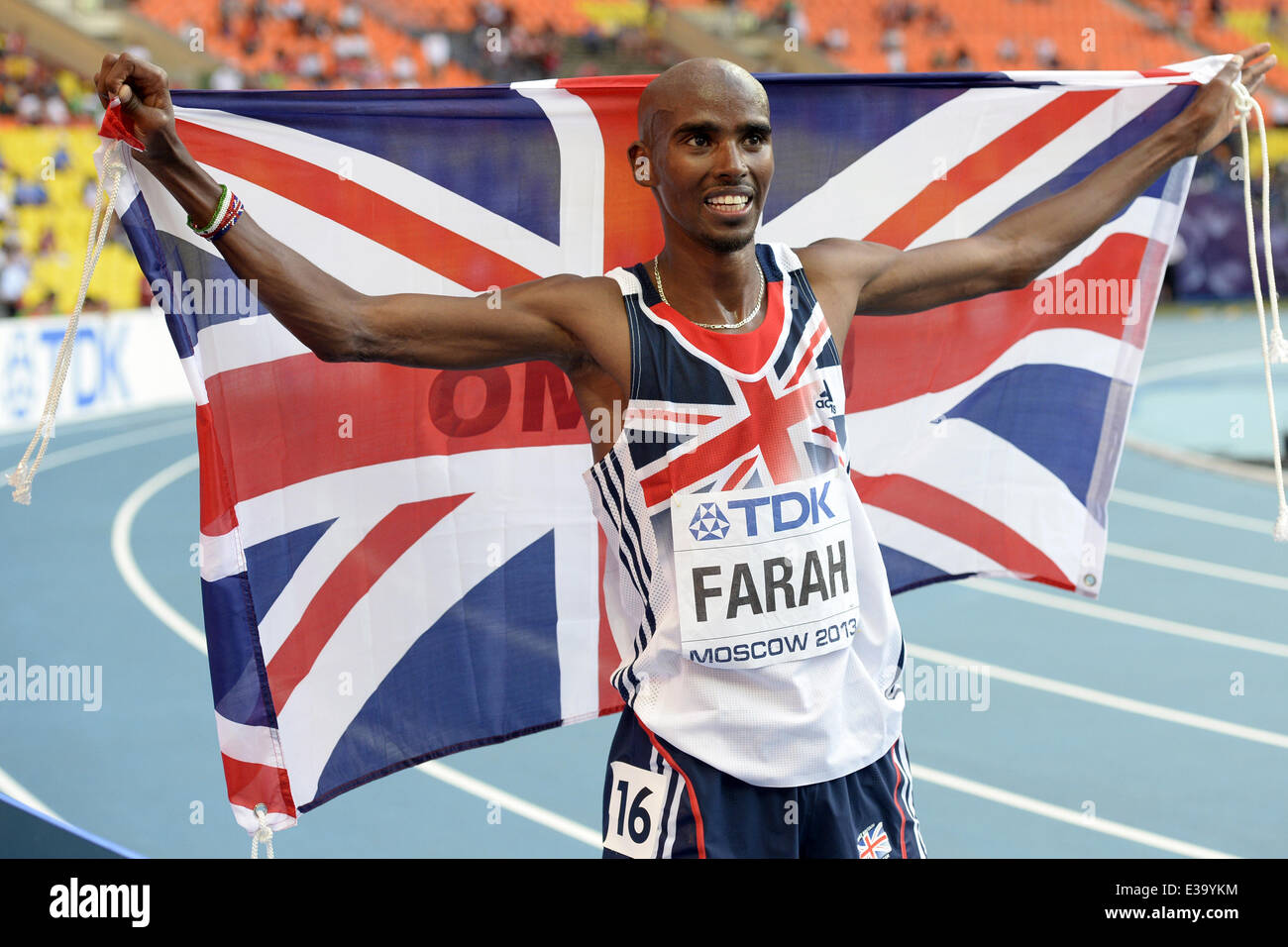 Mo Farah gewinnt die 10.000 m bei den IAAF Weltmeisterschaften mit Moskau: Mo Farah Where: Moskau, Russische Föderation bei: 10. August 2013 *** Stockfoto
