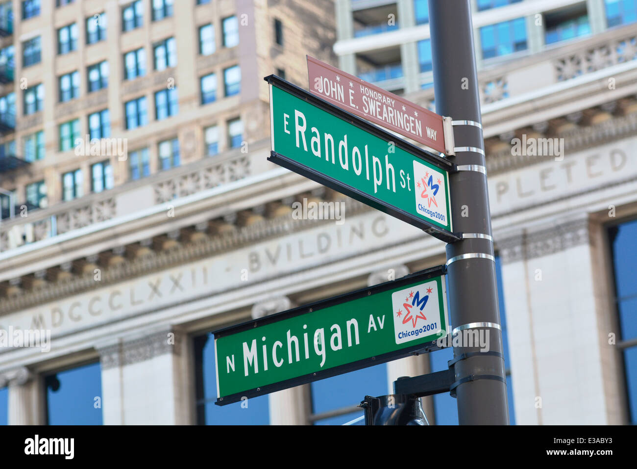 Straßenschild Zeichen Chicago, N Michigan Av und E Randolph St. Stockfoto