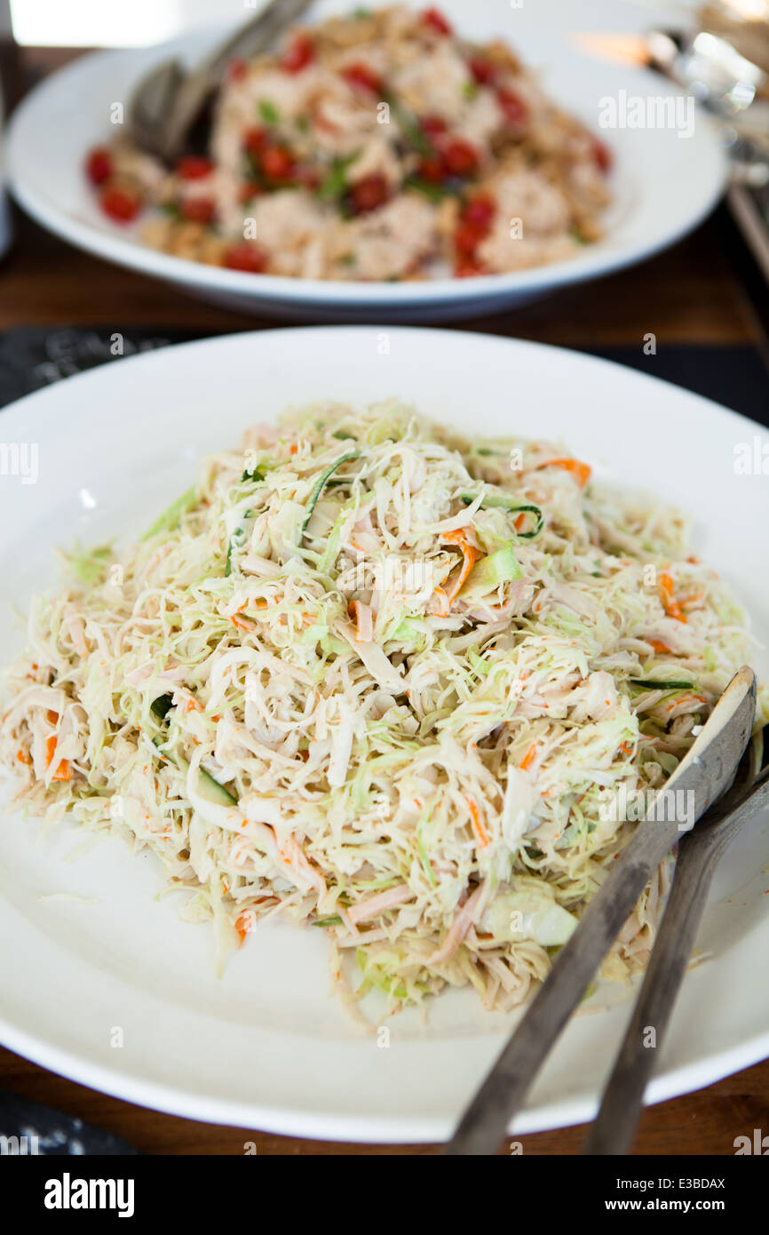 Nahaufnahme der Teller Krautsalat Salat mit hölzernen Vorlegelöffel und Nudelsalat im Hintergrund Stockfoto