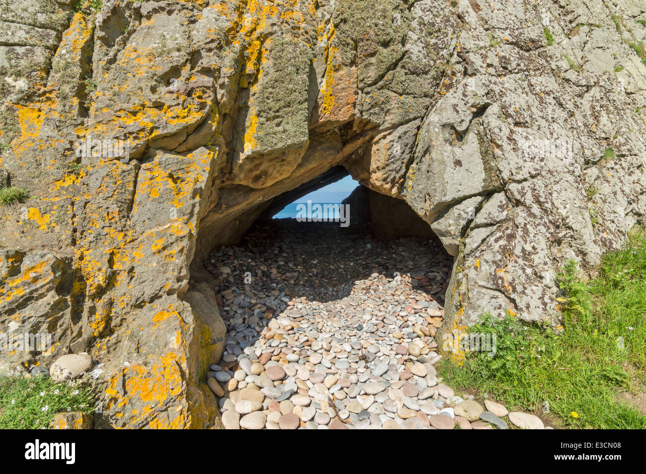 KIESELSTEINE IN EINEM TORBOGEN ZUM MEER GEFUNDEN IN KLIPPEN IN DER NÄHE VON HOPEMAN AM SCHOTTISCHEN MORAY COAST TRAIL Stockfoto