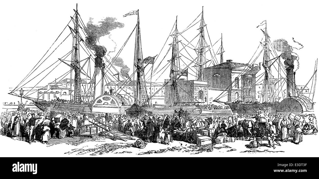 IRISCHE AUSWANDERUNG. Dampfschiffe Athlone und Nimrod aus Kork für Liverpool aus der Illustrated London News 10. Mai 1851 Stockfoto