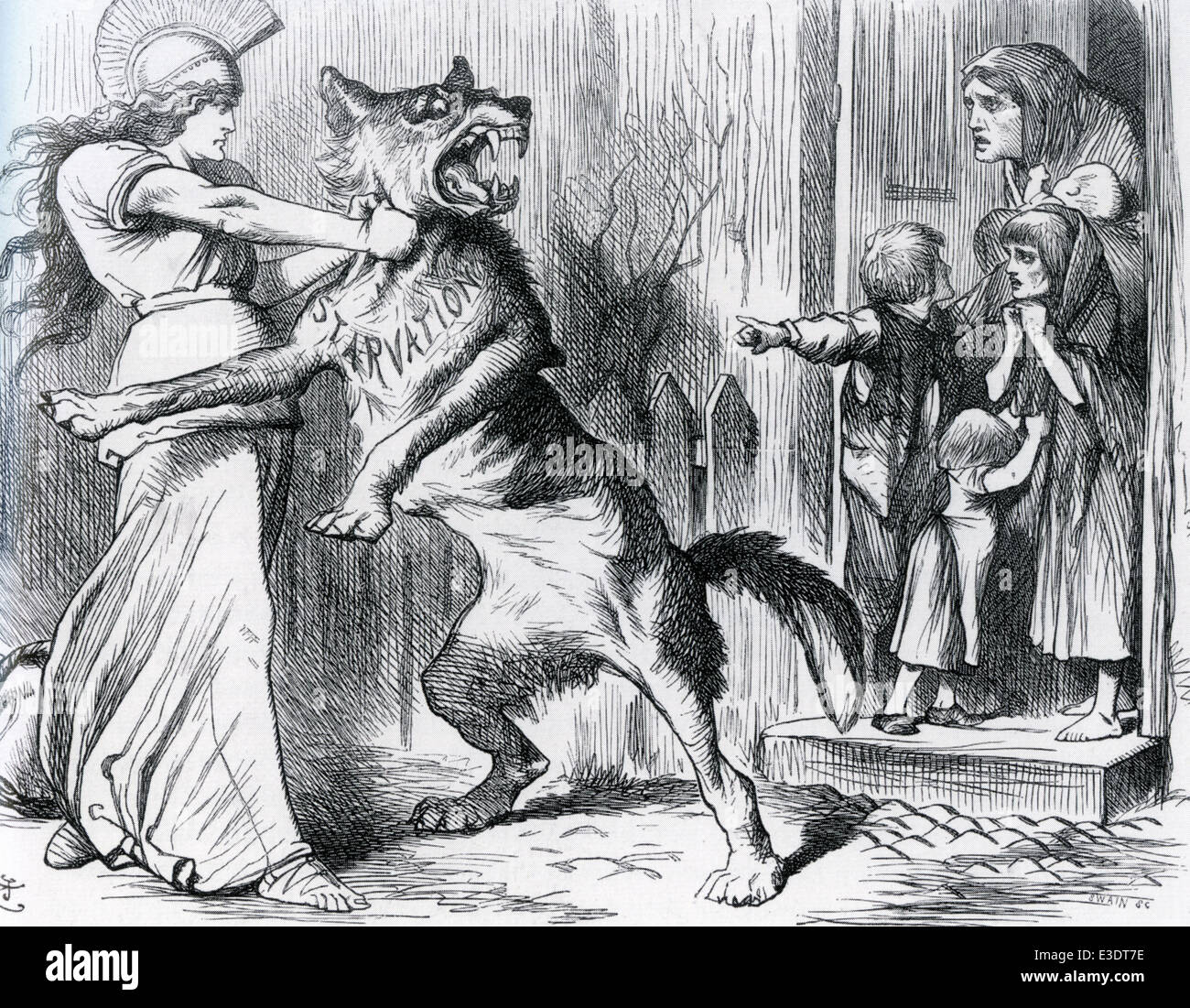 ERIN BRAVLEY TUSSELS mit dem WOLF verhungern zu retten die armen Menschen in Irland, Cartoon von Tenniel von Punch Januar 1879 Stockfoto