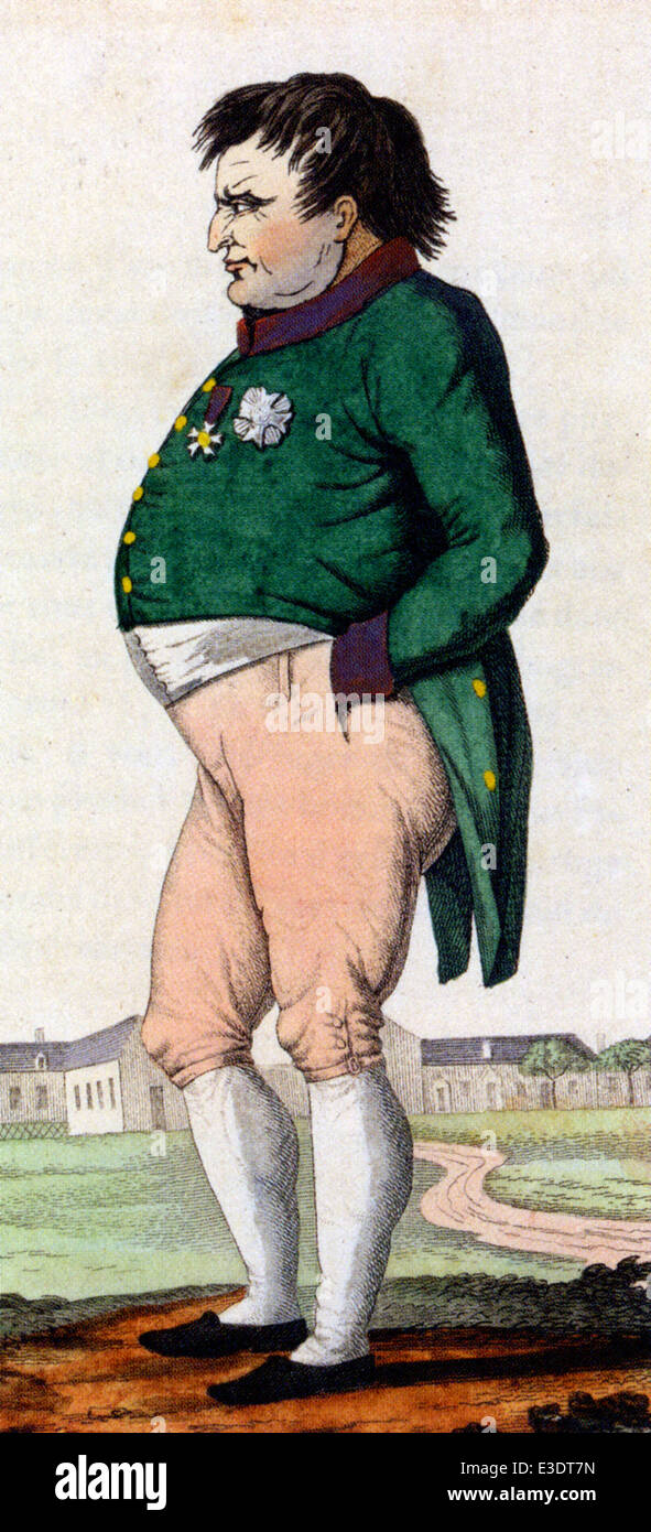 NAPOLEON BONAPARTE (1769-1821) auf der Insel Elba kurz vor seinem Tod, handkolorierten cartoon veröffentlicht in Paris im Jahre 1822 Stockfoto