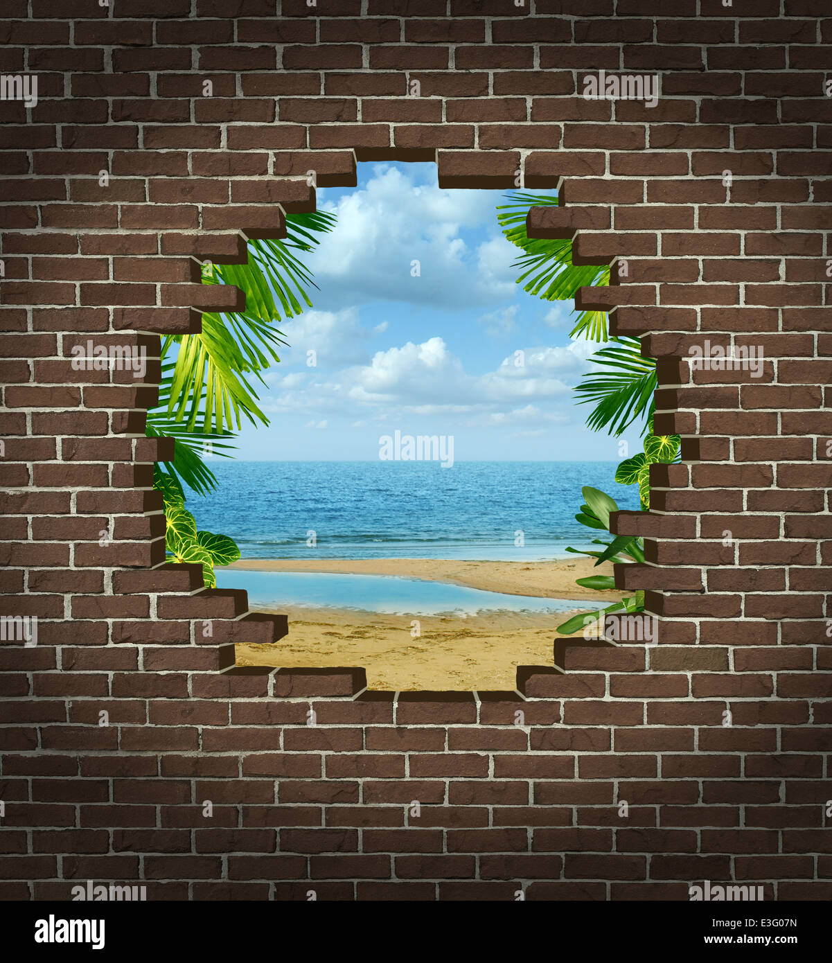 Urlaub-Flucht-Konzept und entkommt Symbol als eine gebrochene Mauer enthüllt eine tropischen Strand Rersort touristische Attraktion als Stockfoto