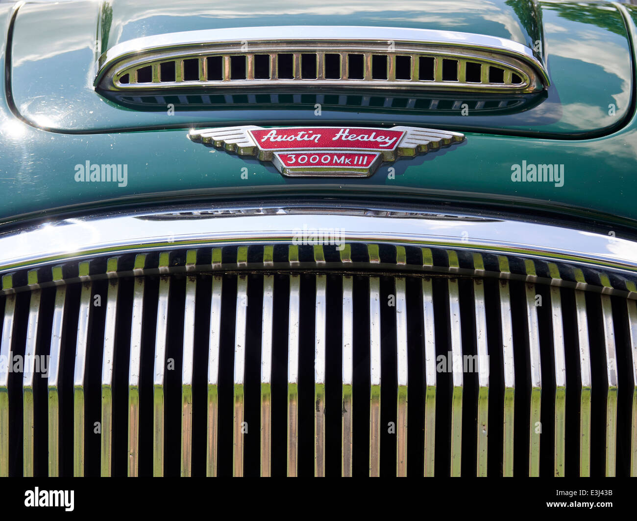 Luft-Zufuhr, Logo oder Abzeichen und Teil des Grills von einem klassischen Austin Healey 3000 Mk III britischen Sportwagen aus den 1960er Jahren Stockfoto