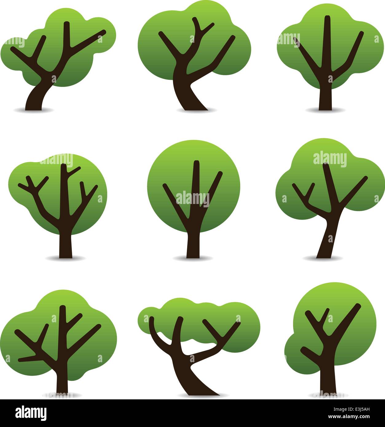 Satz von 9 Baum Ikonen in einfachen Formen und designs Stock Vektor