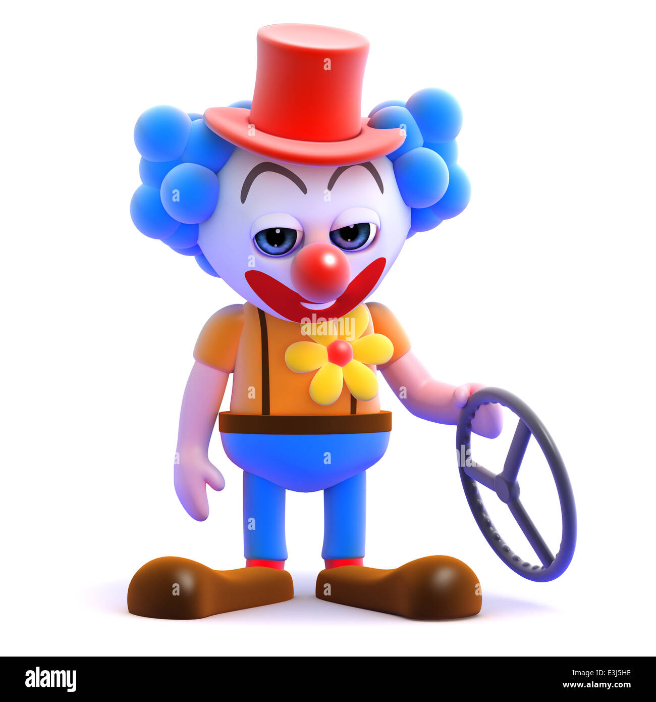 3D Rendering eines Clowns ist mit einem Lenkrad links Stockfoto