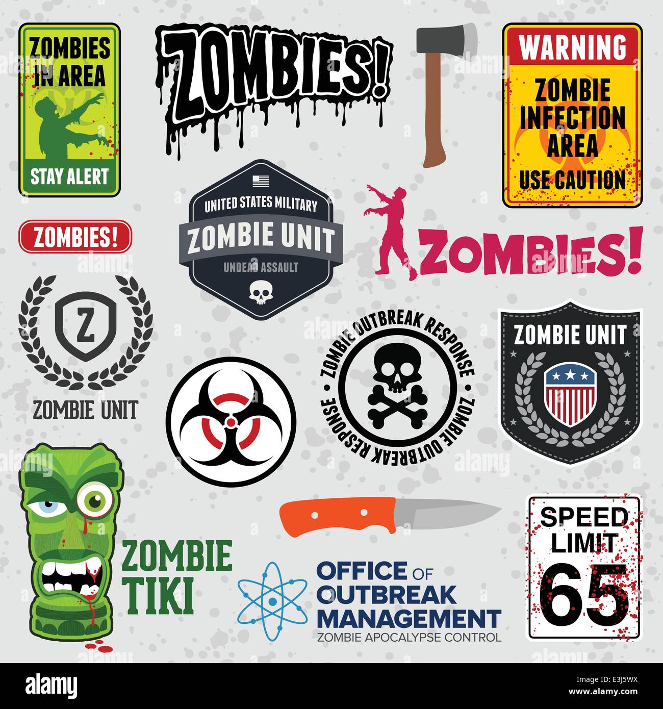 Satz von Zombie-Zeichen, Grafiken und damit verbundene Symbole Stock Vektor