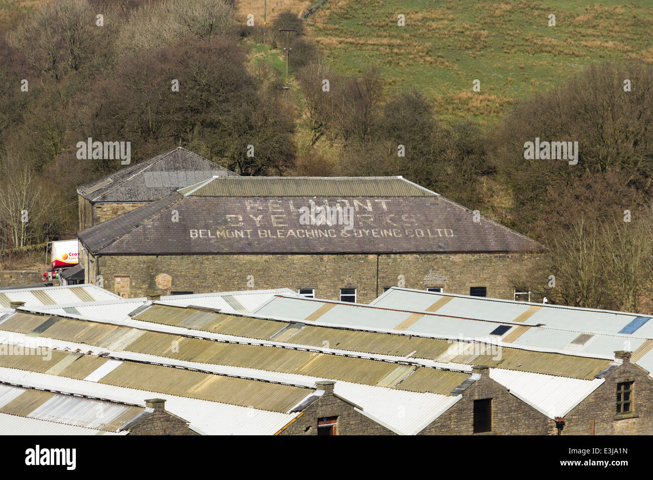 Belmont arbeitet. Das ehemalige bleichen und färben funktioniert im Dorf von Belmont, Lancashire. Stockfoto