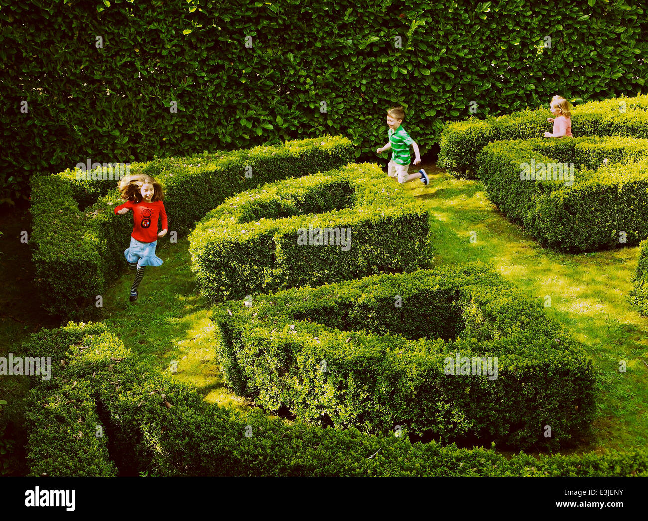 Kinder laufen im Garten-Labyrinth Stockfotografie - Alamy