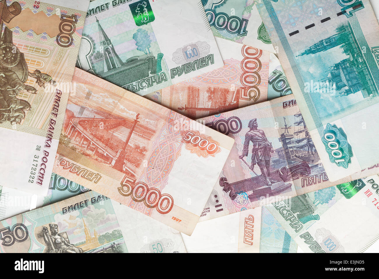 Russisches Geld detaillierte Hintergrund. Rubel Banknoten Closeup Textur Stockfoto