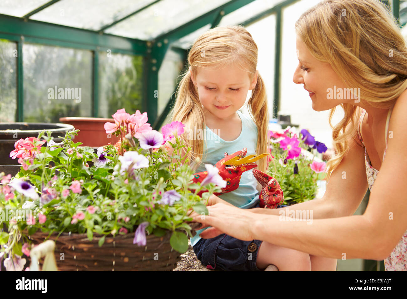 Mutter und Tochter, Anbau von Pflanzen im Gewächshaus Stockfoto