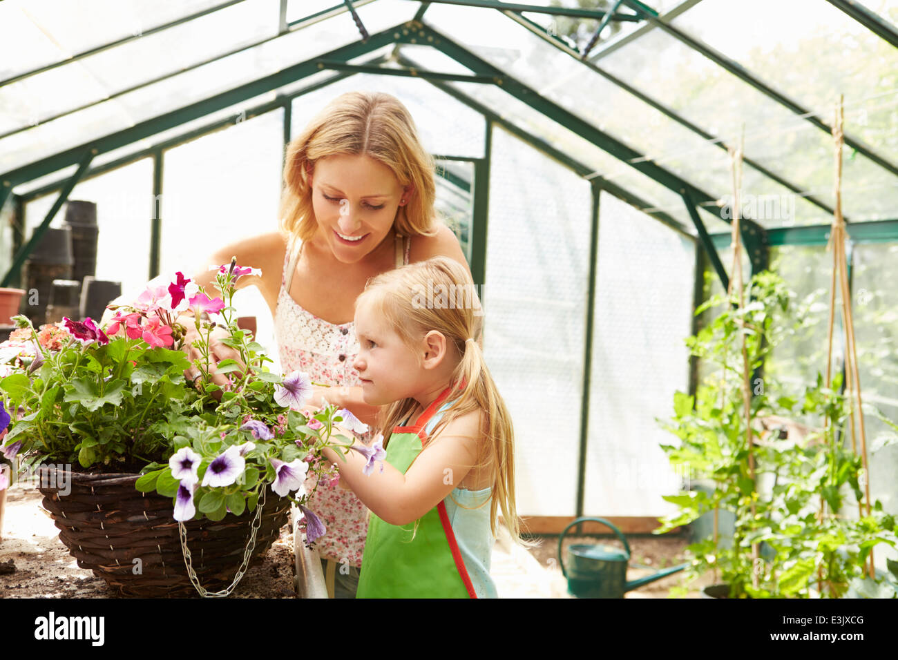 Mutter und Tochter, Anbau von Pflanzen im Gewächshaus Stockfoto