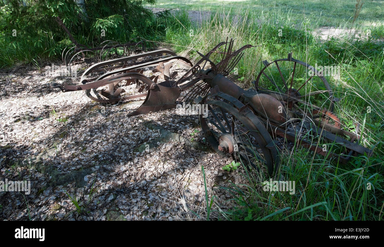 alte Landmaschinen rosten im Wald, Finnland Stockfoto
