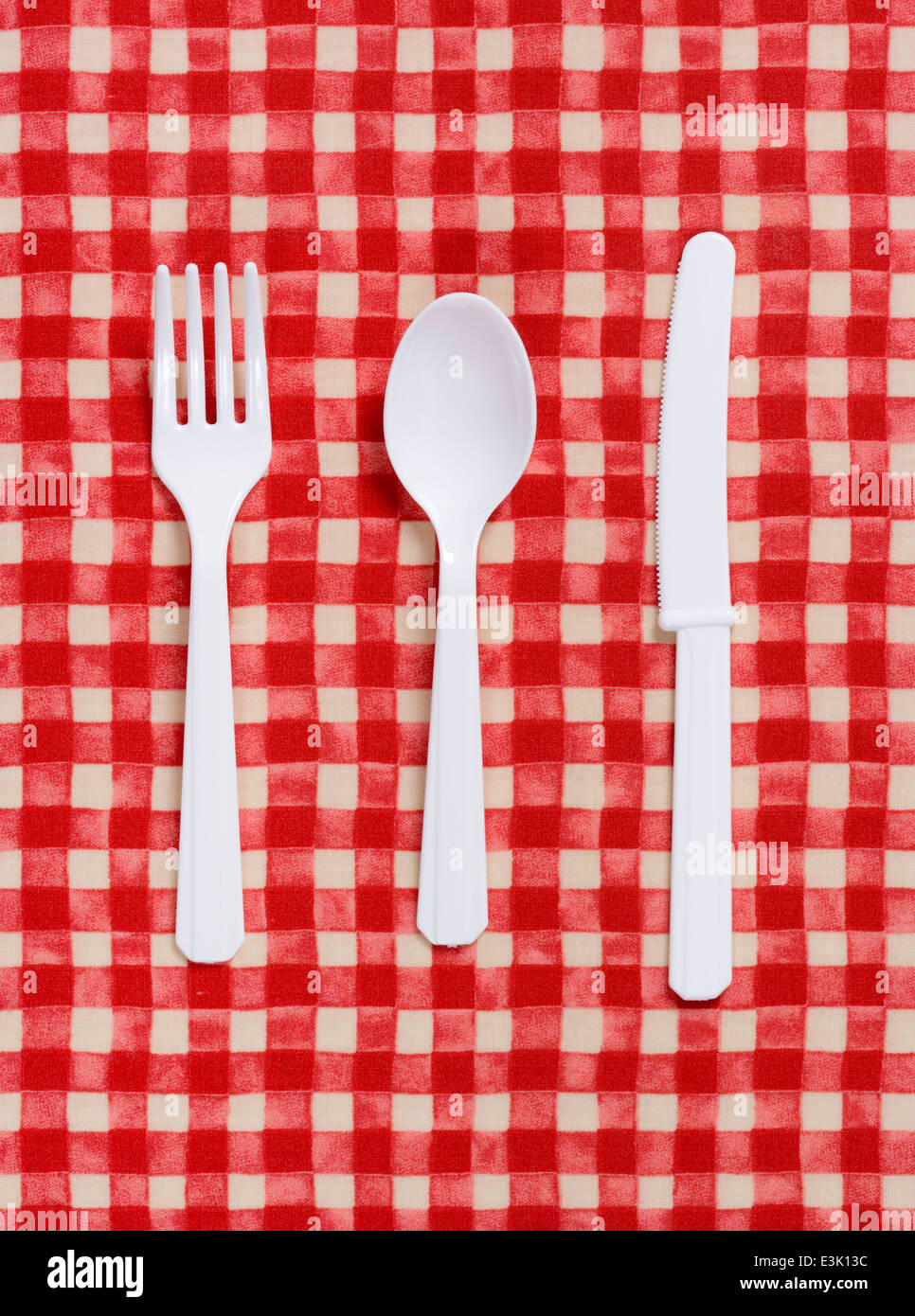 Weiße Kunststoff Besteck auf rot-Check Tischdecke. Stockfoto
