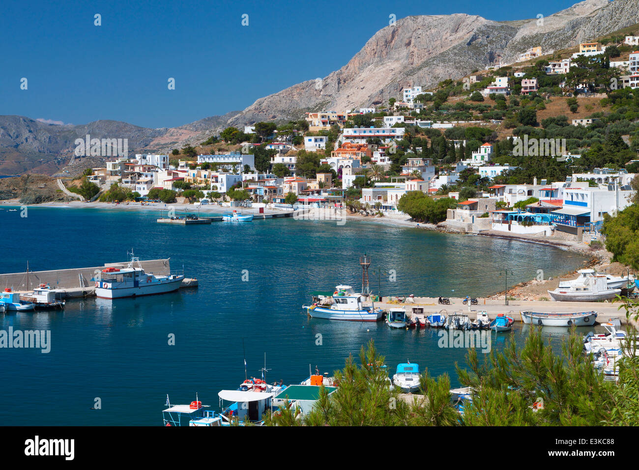 Hafen von Melitsahas Fischerdorf auf der Insel Kalymnos in Griechenland Stockfoto