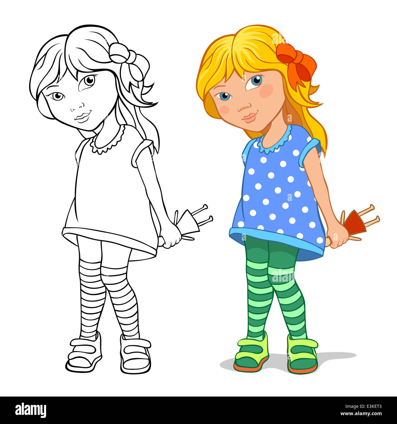 Kleines Madchen Halt Eine Puppe Die Isoliert Auf Weissem Hintergrund Farb Und Schwarz Weiss Version Zum Ausmalen Stockfotografie Alamy
