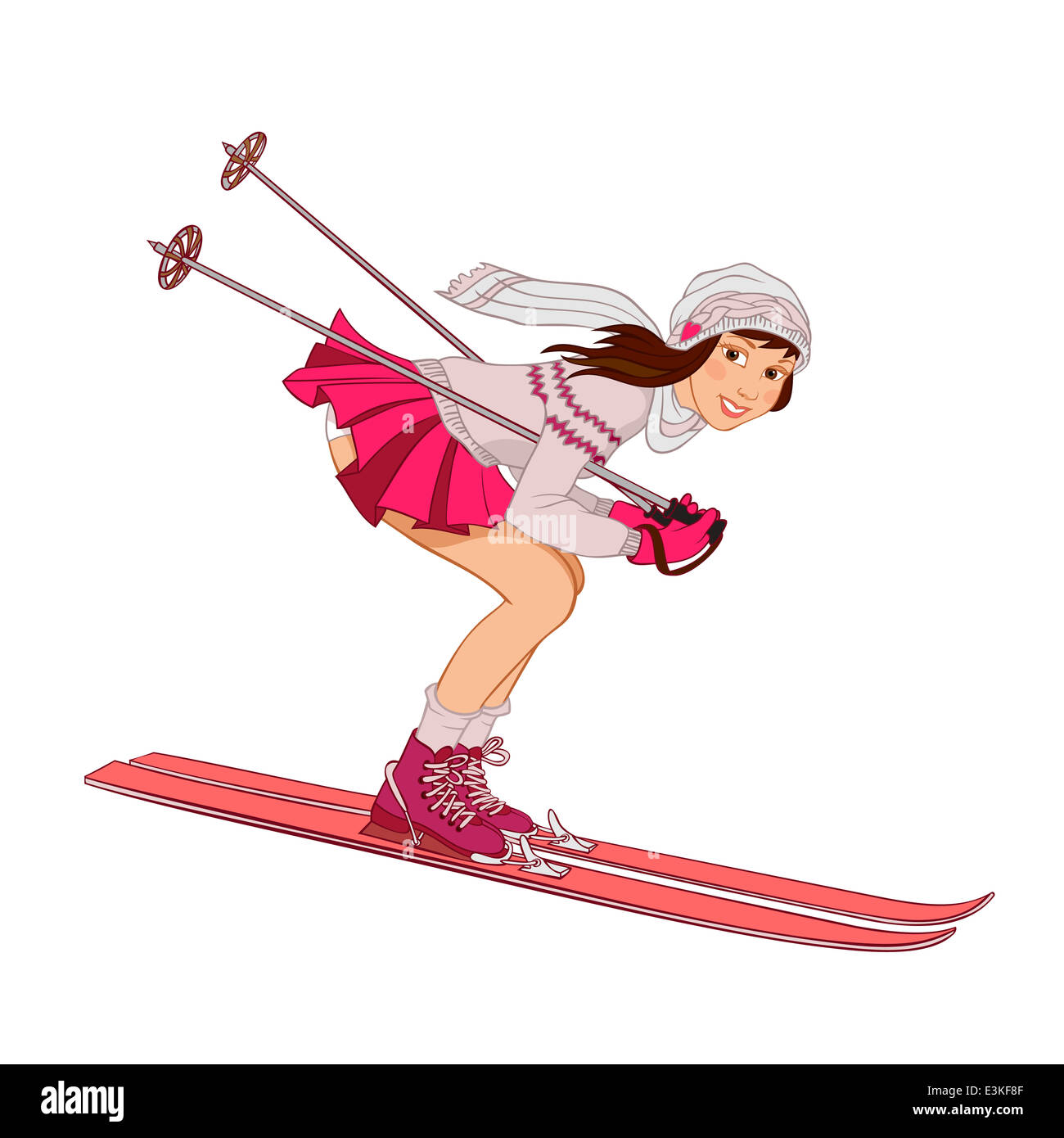 Pin-up-Mädchen in rosa Rock Skifahren isoliert auf weißem Hintergrund Stockfoto