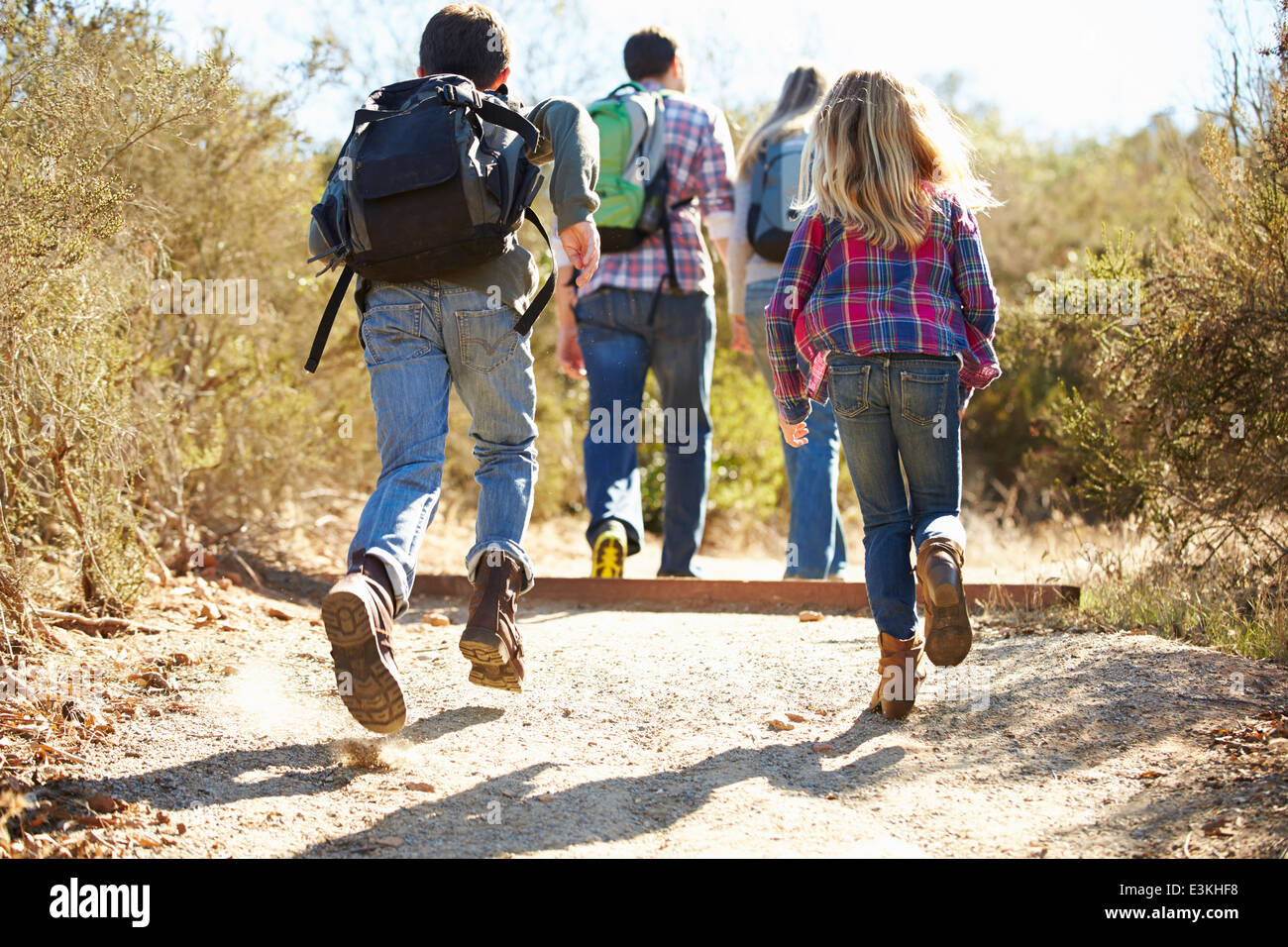 Rückansicht der Familie Wandern im Land tragen Rucksäcke Stockfoto