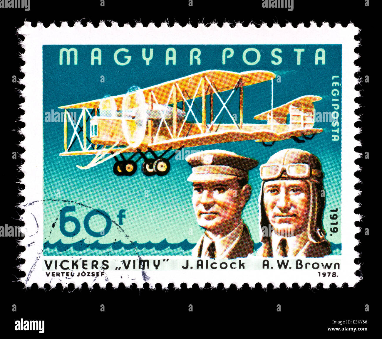 Porto Stempel her Ungarn Darstellung Kapitän Sir John William Alcock und Lieutenant Colonel Sir Arthur Whitten Brown Stockfoto
