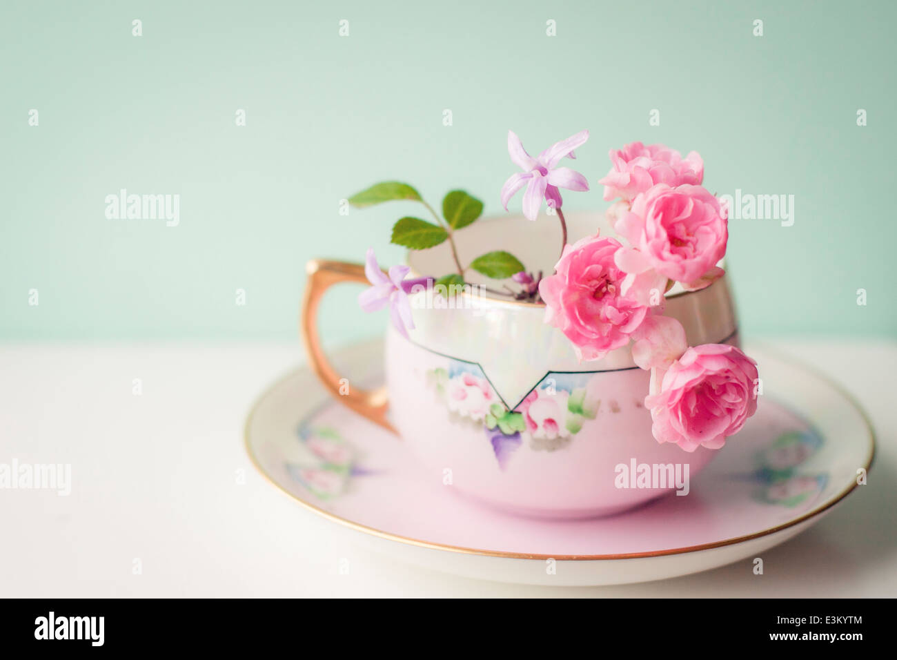 Teetasse mit Blumen im Überblick Stockfoto