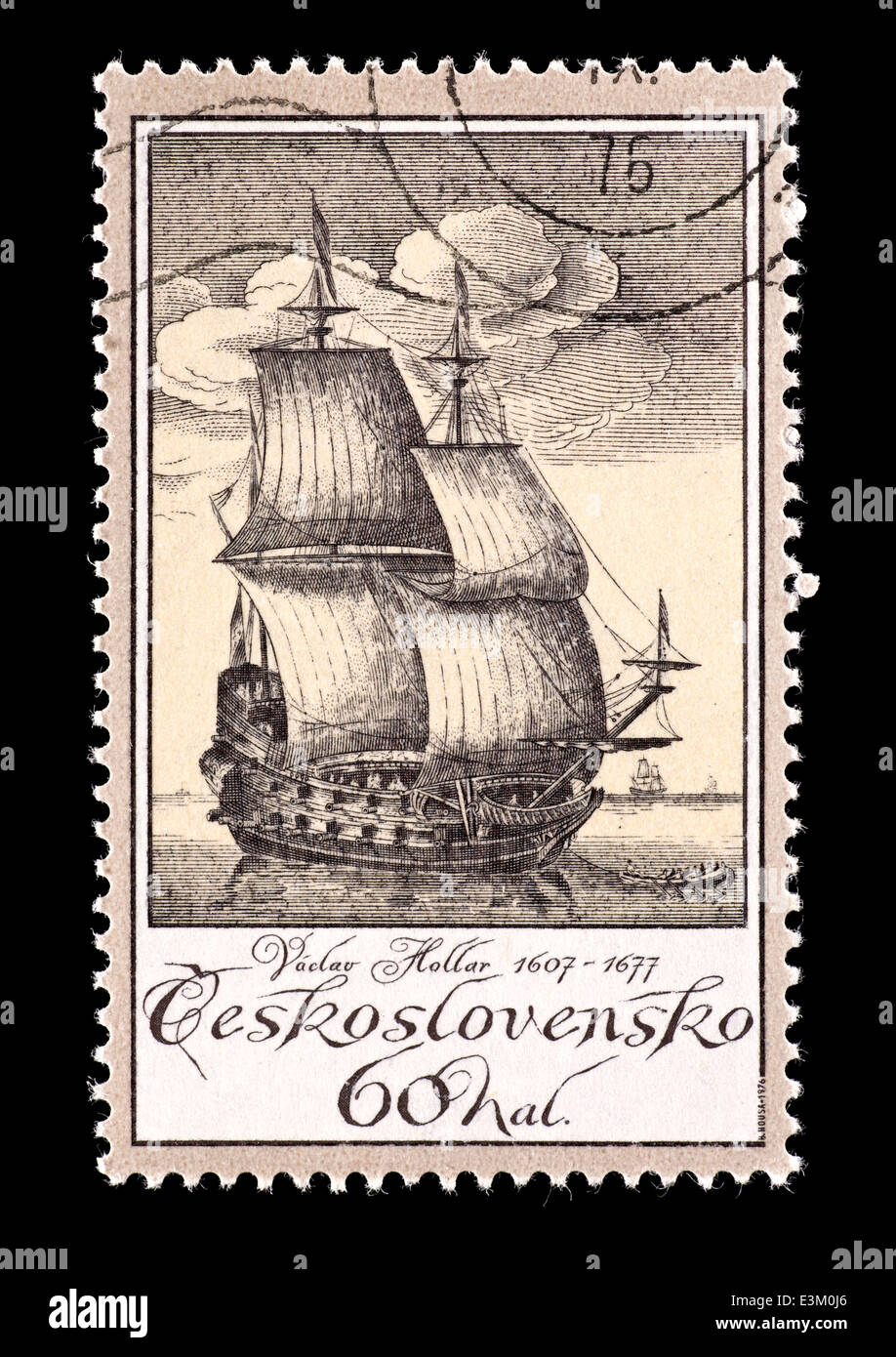 Briefmarke aus der Tschechoslowakei, die Darstellung einer Václav Hollar Gravur von einem alten Segelschiff. Stockfoto