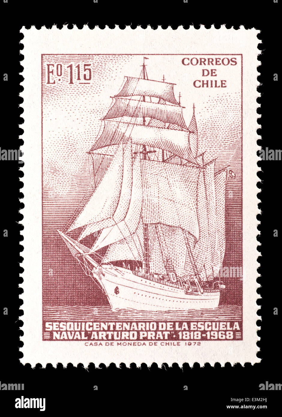 Briefmarke aus Chile mit einem Segelschiff, ausgestellt für das Sesquicentennial der Arturo Pratt Naval Training School. Stockfoto
