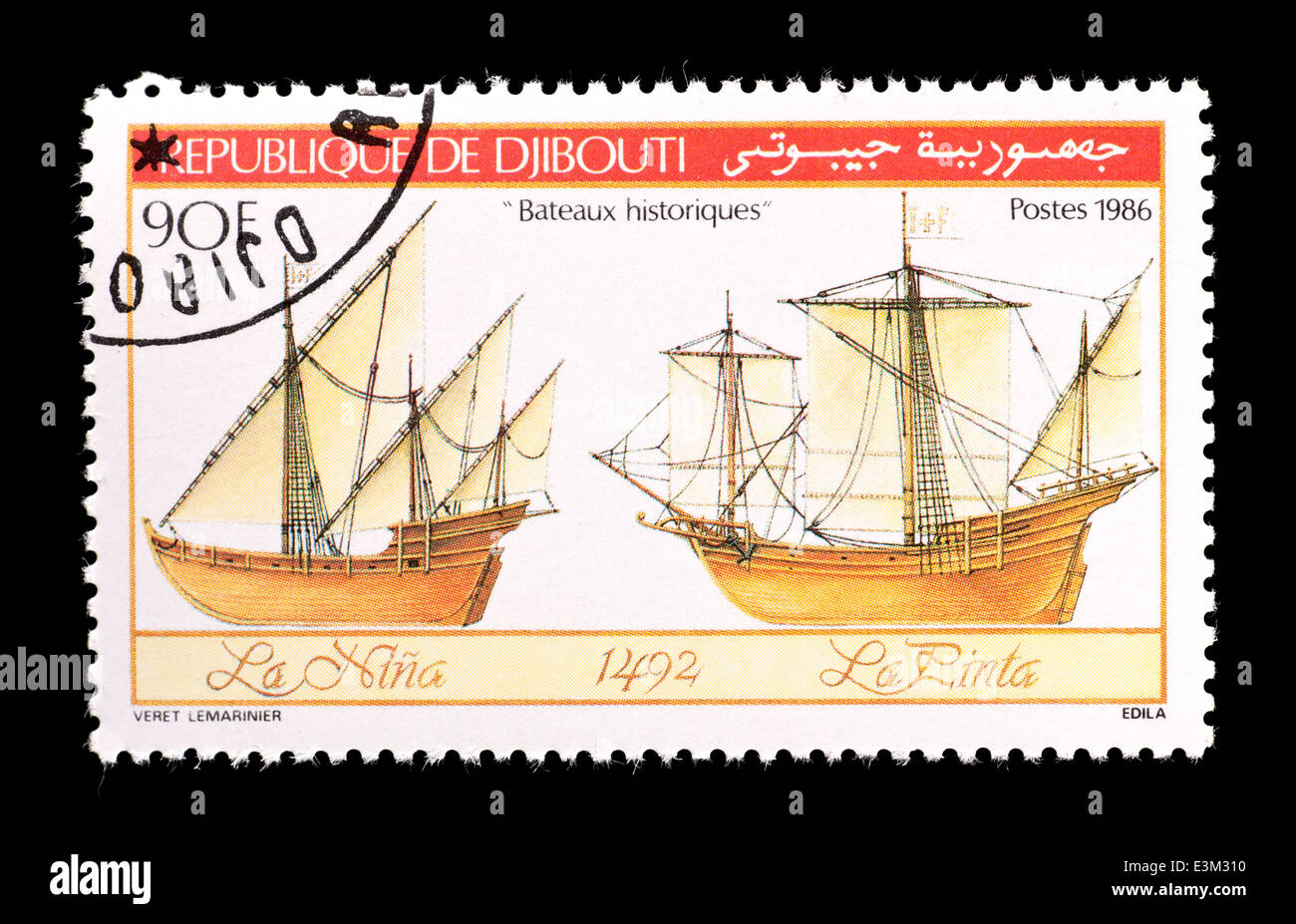 Briefmarke aus Dschibuti Darstellung Kolumbus Schiffe die Nina und Pinta. Stockfoto