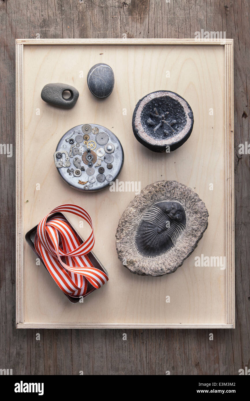 Sammlung von verschiedenen Dingen auf Tablett aus Holz Stockfoto
