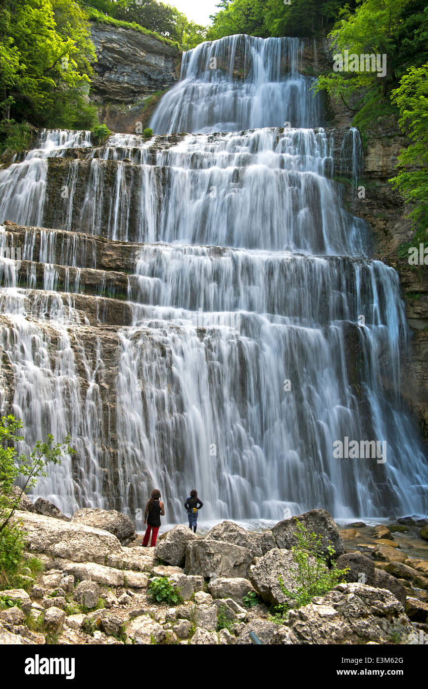 L'Eventail Wasserfall, Hedgehog Wasserfälle, Kaskaden du Hérisson, Menetrux-en-Joux, Franche-Comté, Frankreich Stockfoto