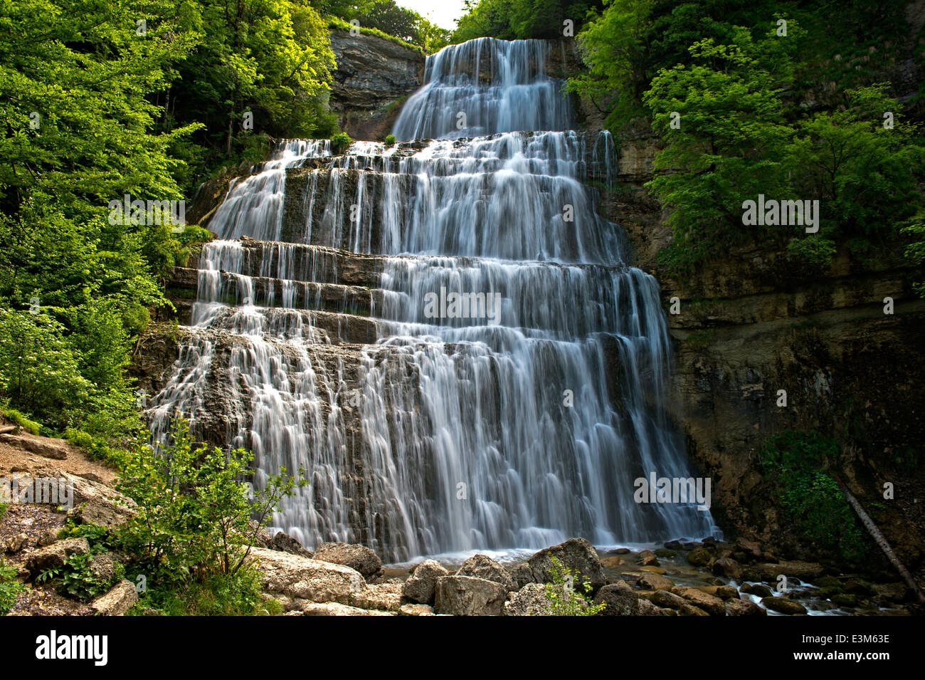 L'Eventail Wasserfall, Hedgehog Wasserfälle, Kaskaden du Hérisson, Menetrux-en-Joux, Franche-Comté, Frankreich Stockfoto