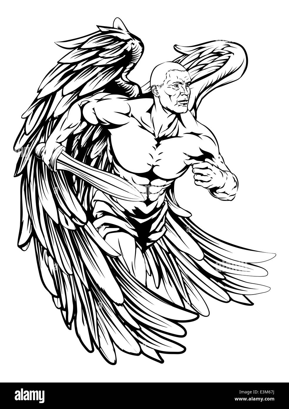 Ein Beispiel für ein Krieger Engel Zeichen oder Sport-Maskottchen mit einem Schwert Stockfoto