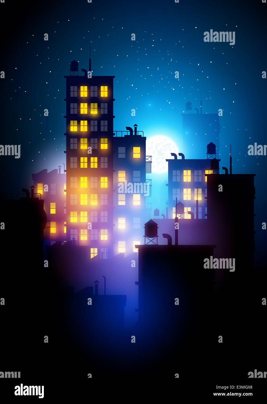 Großstadt bei Nacht. Vektor-Illustration der Wohnung Blöcke in einer Stadt in der Nacht. Stockfoto
