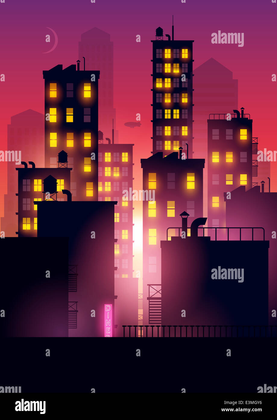 Sonnenuntergang über der Stadt. Lichter von Stadtwohnungen hinzu kommt das Sommer Abenddämmerung Stadt leuchten. Vektor-Illustration. Stockfoto