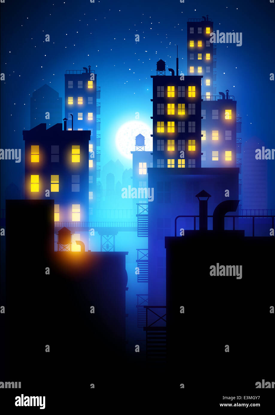 Mitternacht-Stadt. Vektor-Illustration der Wohnung Blöcke in einer Stadt in der Nacht. Stockfoto