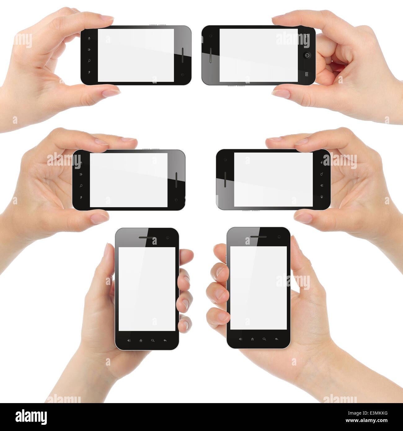 Hände halten Smartphones auf weißem Hintergrund Stockfoto