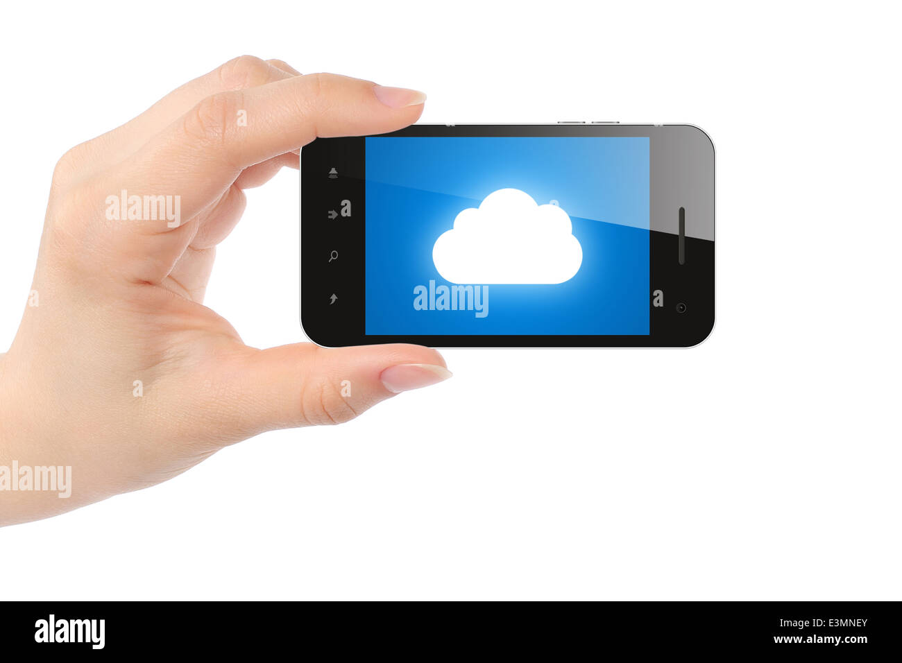 Frau Hand hält smart phone mit Cloud Computing Konzept auf weißem Hintergrund Stockfoto