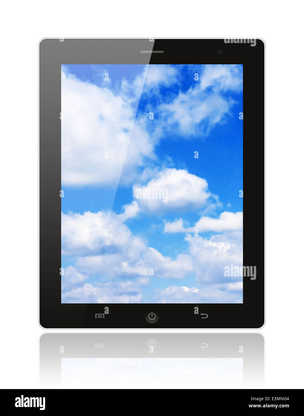 Tablet-PC mit blauer Himmel auf weißem Hintergrund Stockfoto