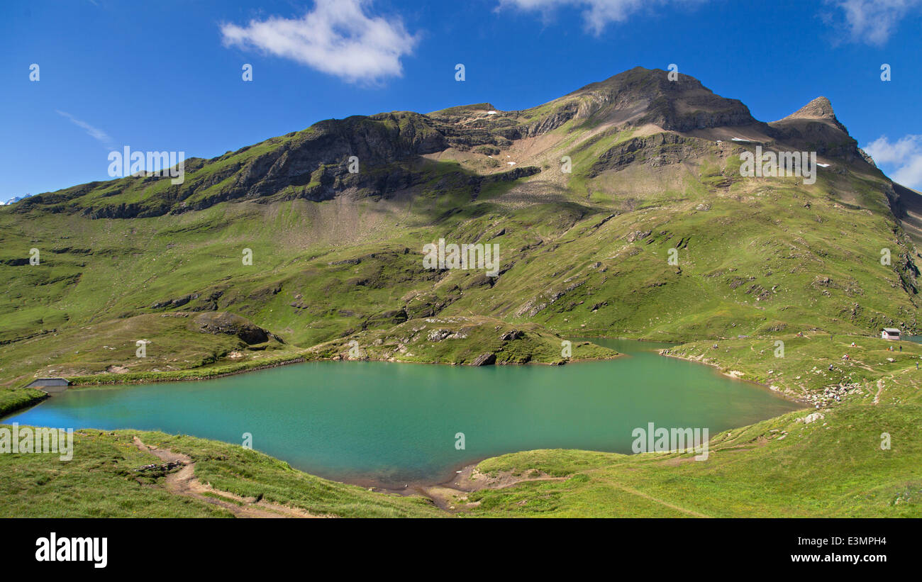 Lake Bachsee, Mount Reeti und Simelihorn Gipfel in den Berner Alpen, Schweiz. Stockfoto