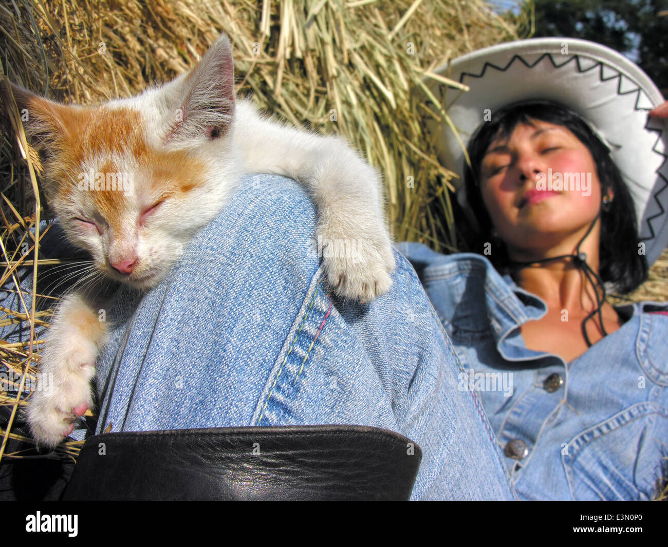 fröhliche Cowgirl Spiel mit lustigen Kätzchen in der Ranch in Serie Stockfoto