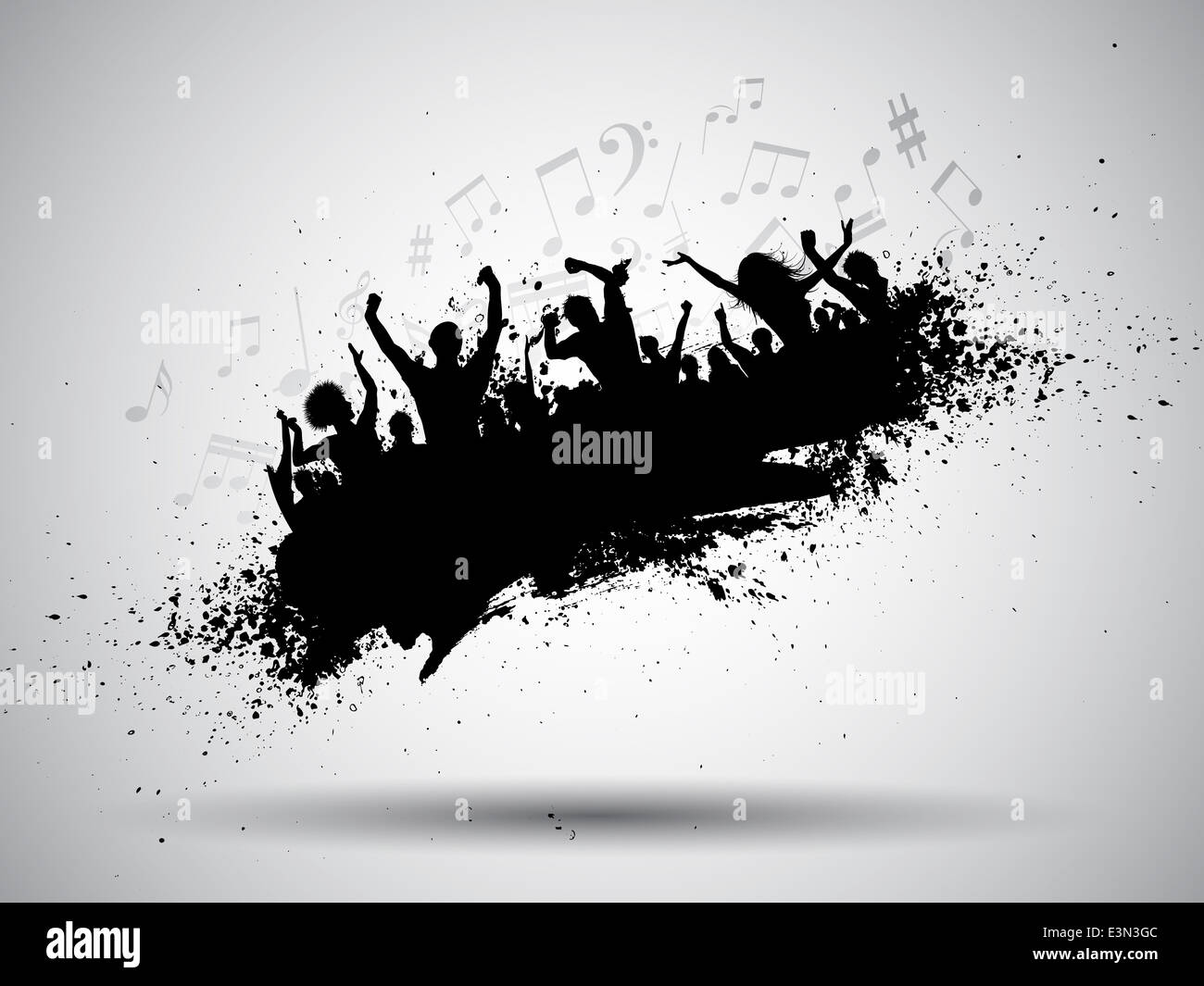 Silhouette einer Gruppe von Party-People auf Grunge Hintergrund mit Noten Stockfoto