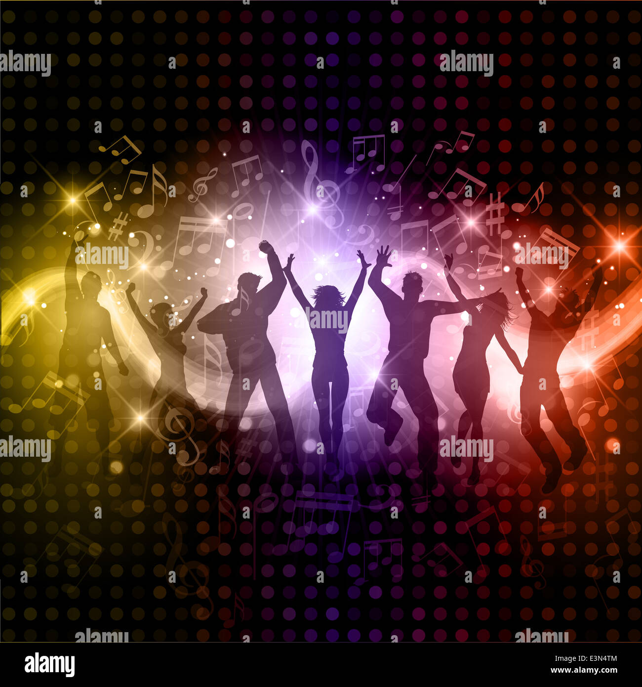 Silhouetten von Menschen tanzen auf einem Musik-Noten-Hintergrund Stockfoto