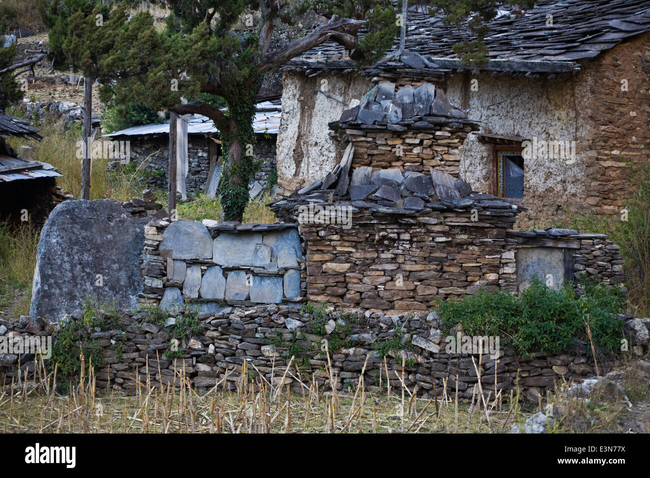 MANI-Mauer mit buddhistischen Ikonographie im Dorf CHAAK auf NUPRI REGION - um MANASLU Trekking, NEPAL Stockfoto