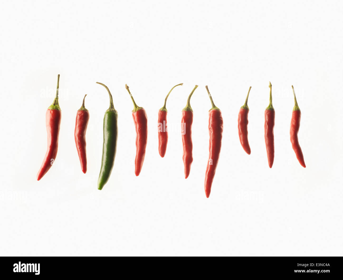 Grüne Chili inmitten rote Chilis auf weißem Hintergrund Stockfoto