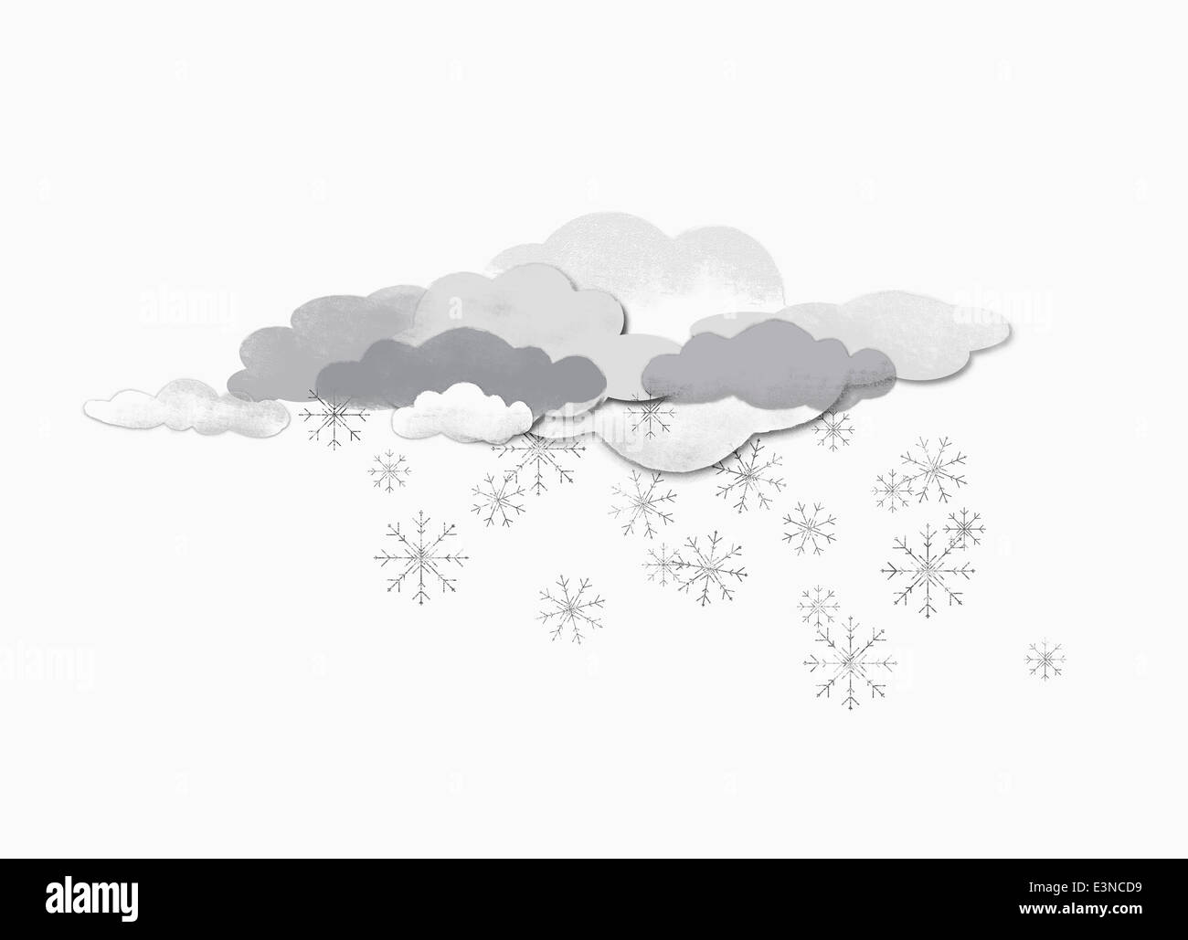 Einige Wolken und Schneeflocken vor weißem Hintergrund Stockfoto
