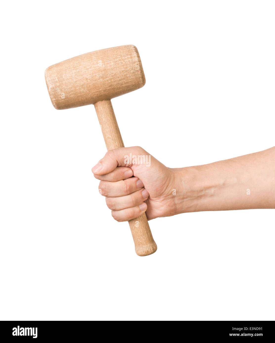 Mannes Hand mit Holzhammer Stockfoto