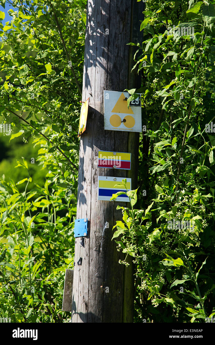 Anzeichen für eine lange Strecke Rad- und Wandertouren, Ornans, Franche-Comté, Doubs, Frankreich Stockfoto