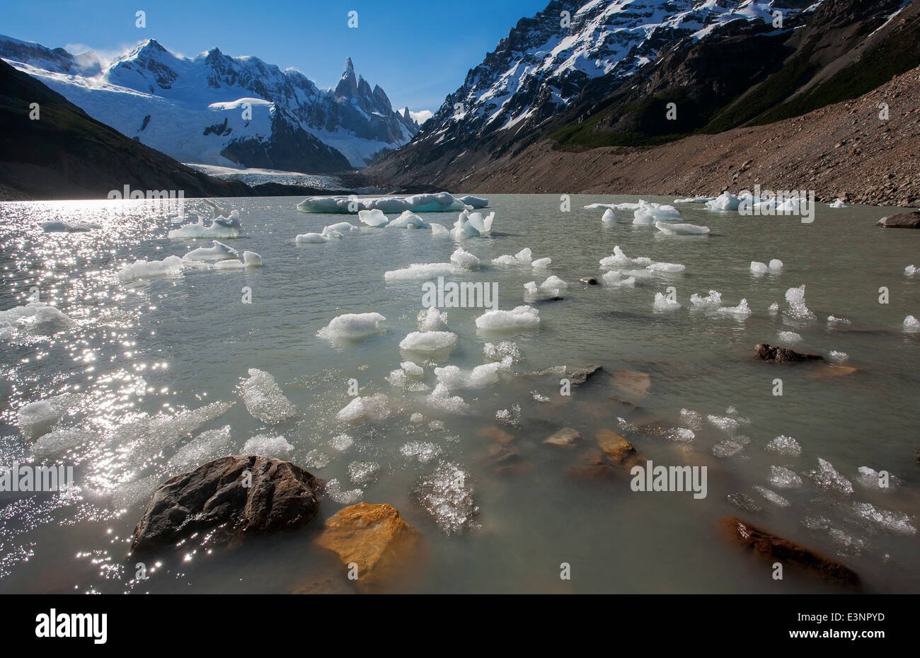 Cerro Torre und Laguna Torre. Nationalpark Los Glaciares. Patagonien. Argentinien Stockfoto