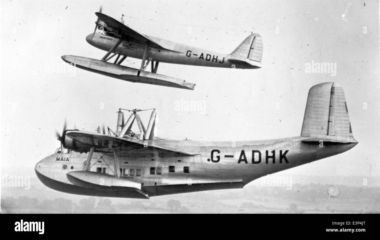 Die Short S.21 Maia (G-ADHK) und Short S.20 Mercury (G-ADHJ) waren Wasserflugzeuge, die von Short Brothers für Imperial Airways entworfen wurden. Diese Flugboote wurden von Napier-Motoren angetrieben und waren der Schlüssel zur frühen Entwicklung der Flugzeuge. Stockfoto