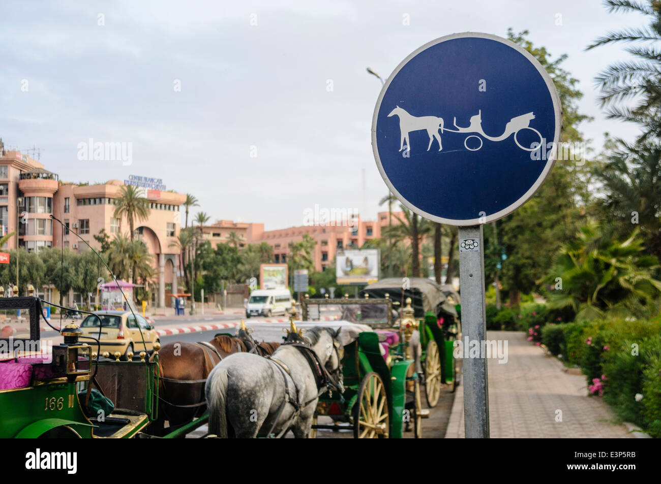 Zeichen für Pferde und Kutschen, teure Transportmittel für Touristen, Marrakesch, Marokko Stockfoto